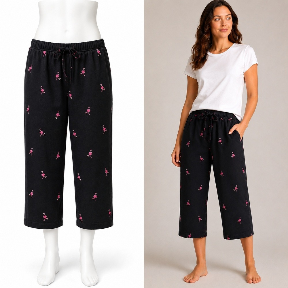 Flamingo Crop Pants Women Medium Black Pink Drawstring Lounge Novelty Relaxation